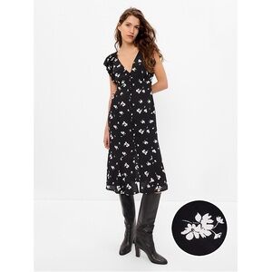 GAP Woman Black Floral Ruched Flutter Sleeve Midi Dress MEDIUM Cottagecore